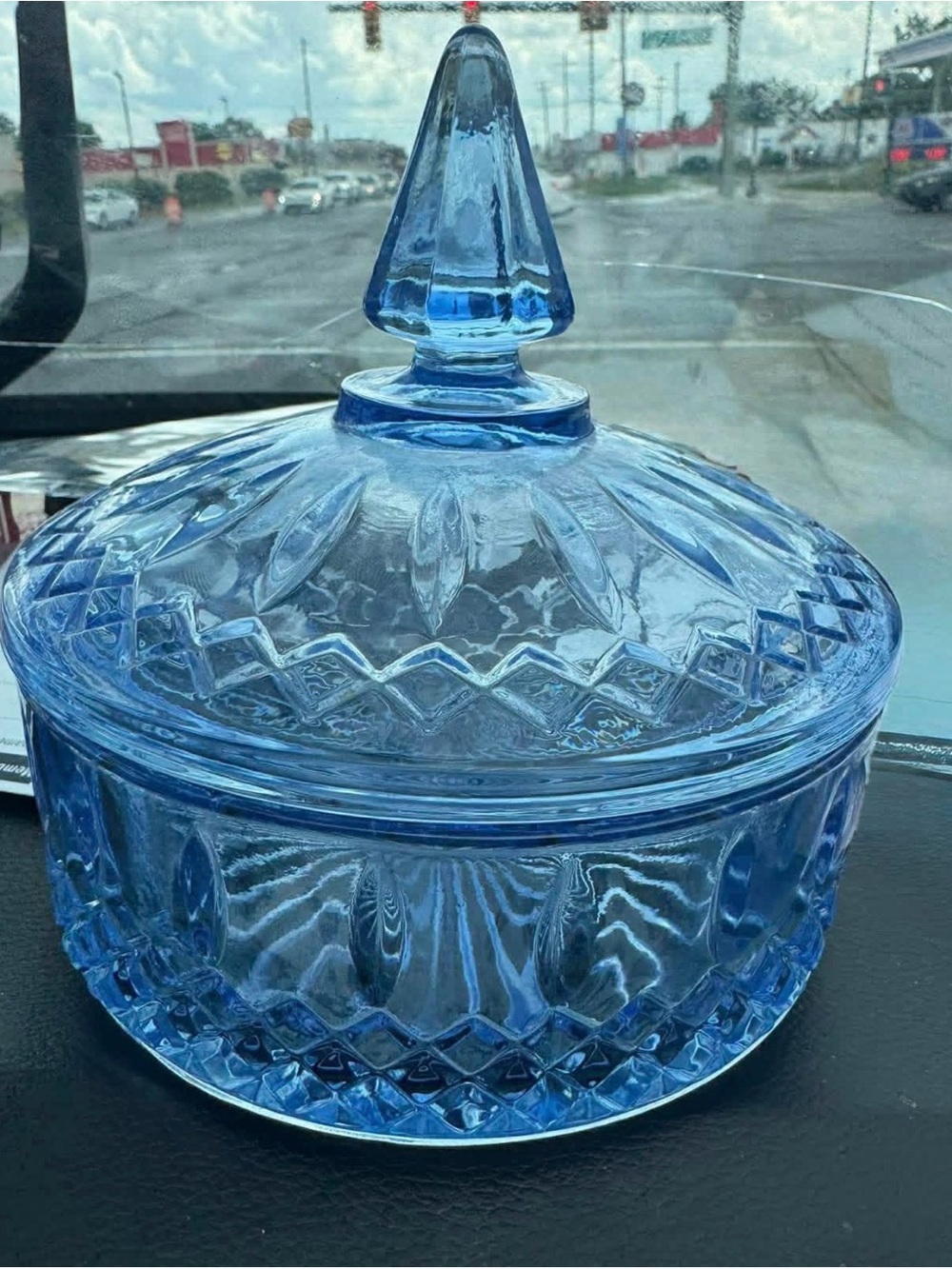 Vintage Indiana Glass Princess Pattern Blue Lidded Candy Dish